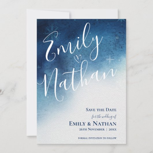 Whimsical Blue White Snowflake Elegante Hochzeit Save The Date (Vorderseite)