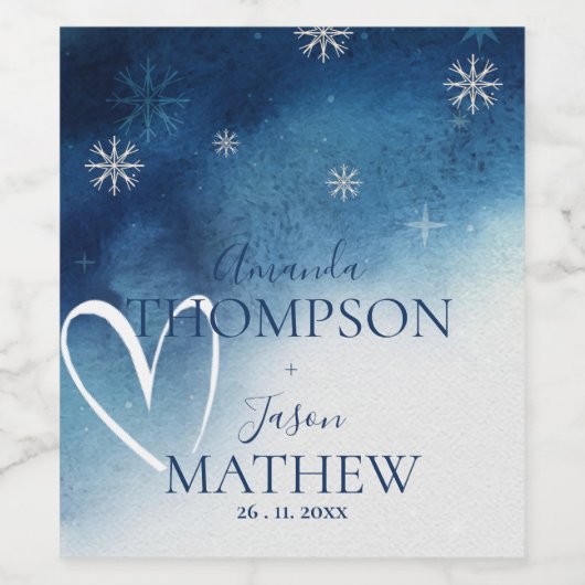 Whimsical Blue White Snowflake Hochzeit Weinetikett (Einzelnes Label)