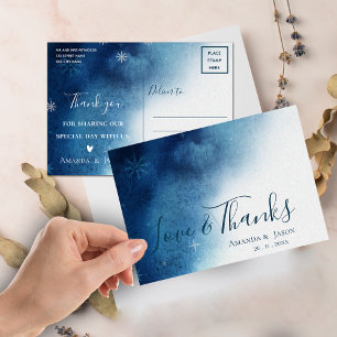 Whimsical Blue White Snowflake Wedding Danke Postkarte