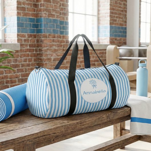 Whimsical Blue White Stripe Preppy Monogram Duffle Bag