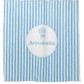Whimsical Blue White Stripe Preppy Monogram Duschvorhang (Vorderseite)