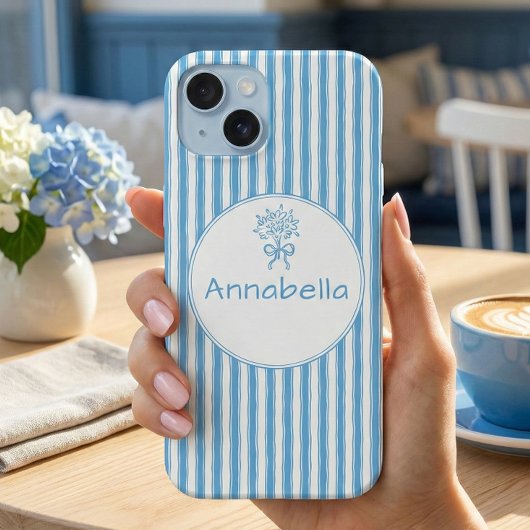 Whimsical Blue White Stripe Preppy Monogram iPhone 15 Hülle