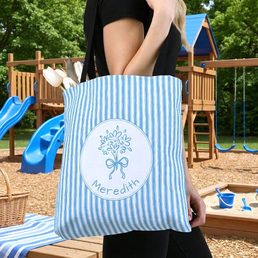Whimsical Blue White Stripe Preppy Monogram Tasche