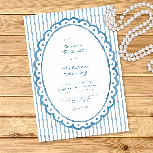 Whimsical Blue White Watercolor Stripe Wedding Einladung