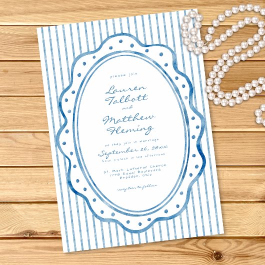Whimsical Blue White Watercolor Stripe Wedding Einladung