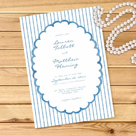 Whimsical Blue White Watercolor Stripe Wedding Einladung