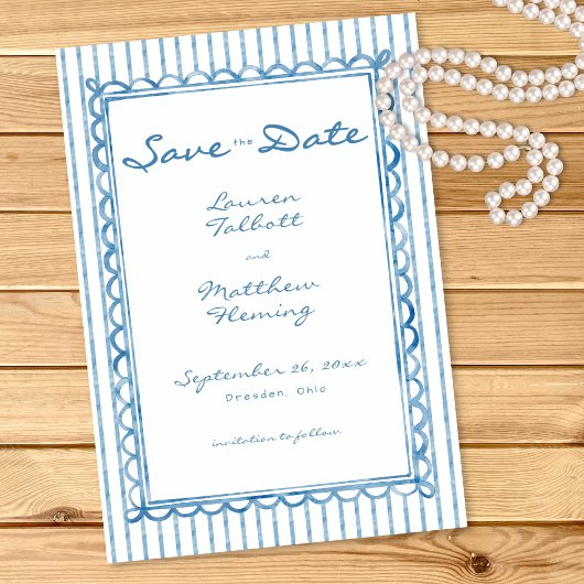Whimsical Blue White Watercolor Stripe Wedding Save The Date
