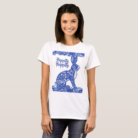 Whimsical Blue Willow Bunny Rabbit Spring T-Shirt (Vorne ganz)