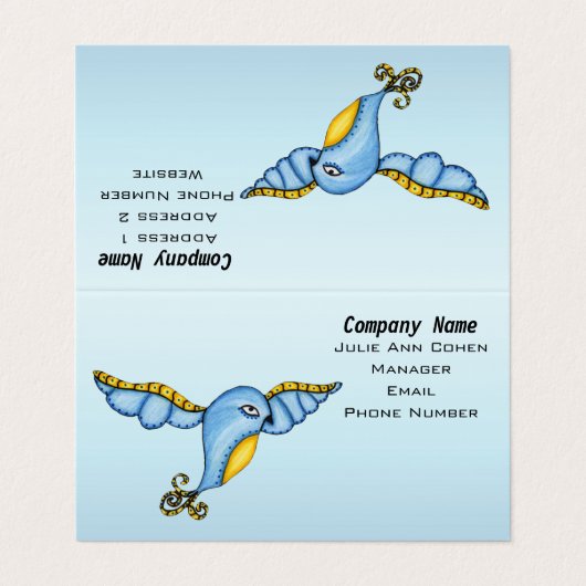 Whimsical Bluebird Yellow Accents in Flight Blue Visitenkarten (Außenseite Aufgefaltet)
