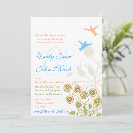 Whimsical Blume & Humming Bird Wedding Einladung (Stehend Vorderseite)