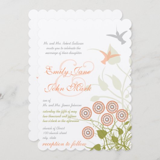 Whimsical Blume & Humming Bird Wedding Einladung (Vorne/Hinten)