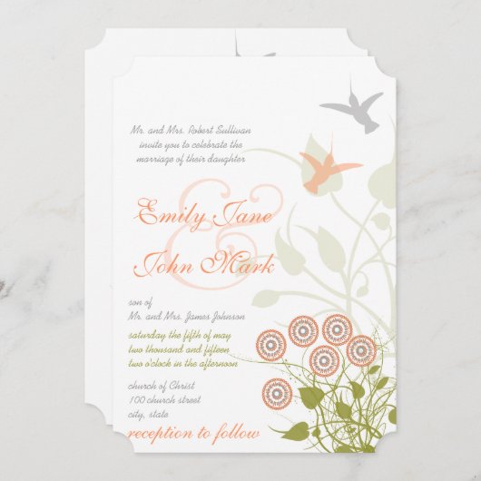 Whimsical Blume & Humming Bird Wedding Einladung (Vorne/Hinten)