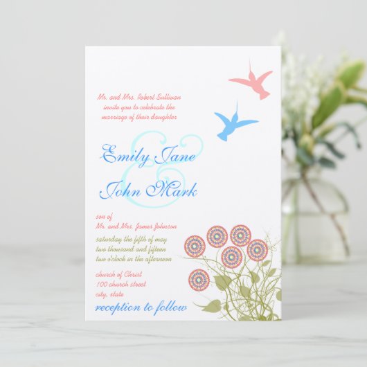 Whimsical Blume & Humming Bird Wedding Einladung (Stehend Vorderseite)