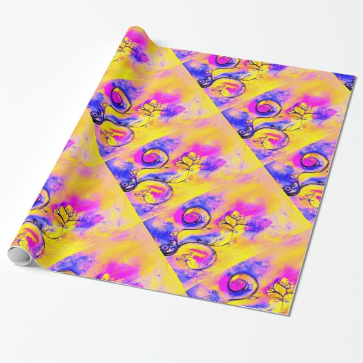 WHIMSICAL BLUME rosa fuchsiengelb, blau Geschenkpapier (Ungerollt)