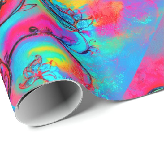 WHIMSICAL BLUMEN fuchsia rosa gelb, aquamarin blau Geschenkpapier (Rolleneckpunkt)