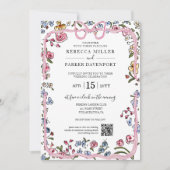 Whimsical Blumenfeder, modern Wedding QR Code Einladung (Vorderseite)