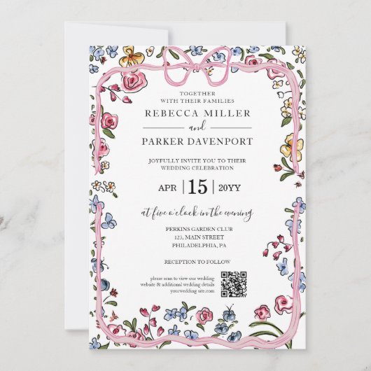 Whimsical Blumenfeder, modern Wedding QR Code Einladung (Vorderseite)