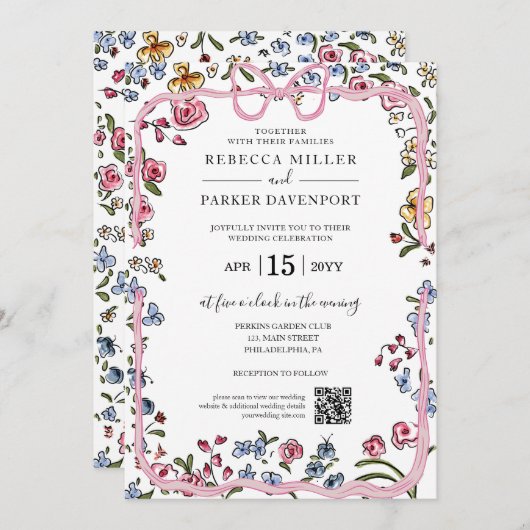 Whimsical Blumenfeder, modern Wedding QR Code Einladung (Vorne/Hinten)