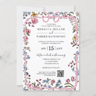 Whimsical Blumenfeder, modern Wedding QR Code Einladung