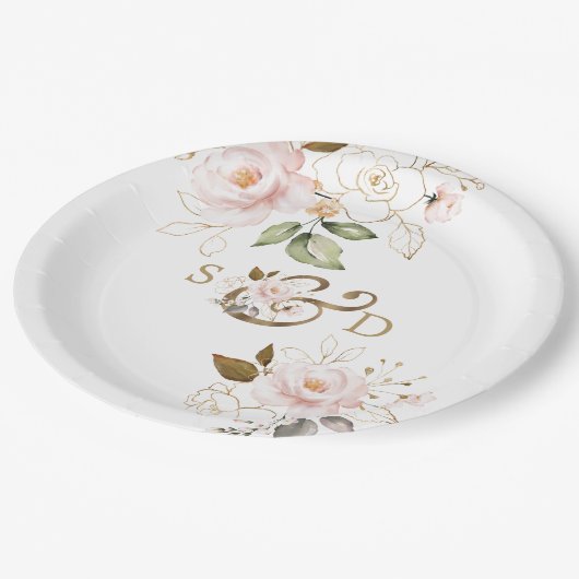 Whimsical Blush Gold Blume Monogram Wedding Pappteller (Schrägansicht)