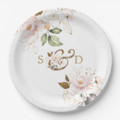 Whimsical Blush Gold Blume Monogram Wedding Pappteller (Vorderseite)