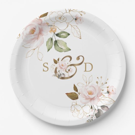 Whimsical Blush Gold Blume Monogram Wedding Pappteller (Vorderseite)