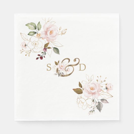 Whimsical Blush Gold Blume Monogram Wedding Serviette (Vorderseite)