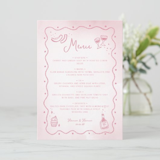 Whimsical Blush Pink Hand Drawn Food Wedding Menükarte (Stehend Vorderseite)