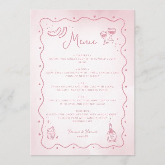 Whimsical Blush Pink Hand Drawn Food Wedding Menükarte (Vorderseite)