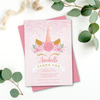 Whimsical Blush Pink Rainbow Unicorn Geburtstag Einladung