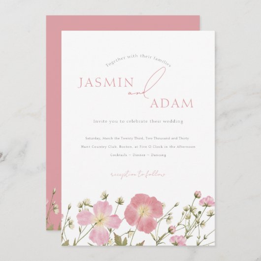 Whimsical Blush Pink Wildblumen Hochzeit Einladung (Vorne/Hinten)