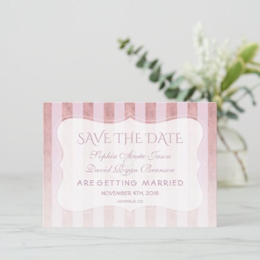 Whimsical Blush Rose Goldstreifen Hochzeit Save The Date (Stehend Vorderseite)