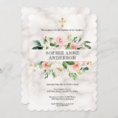 Whimsical Blush White Blume Cross Girl Baptisse Einladung (Vorne/Hinten)