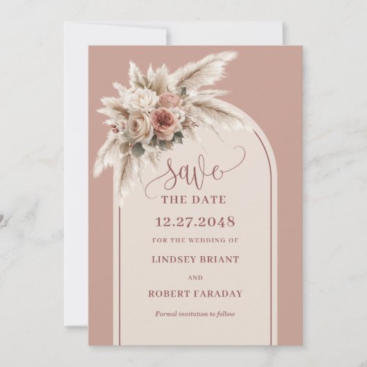 Whimsical Boho Arch Dusty Pink Floral Save Date Einladung (Vorderseite)