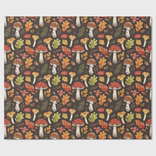 Whimsical Boho Autumn Mushrooms Leaves on Black Geschenkpapier (Flach)