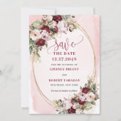 Whimsical Boho Burgunder-Rosa-Gold-Blumen-Datum Einladung (Vorderseite)