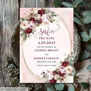 Whimsical Boho Burgunder-Rosa-Gold-Blumen-Datum Einladung