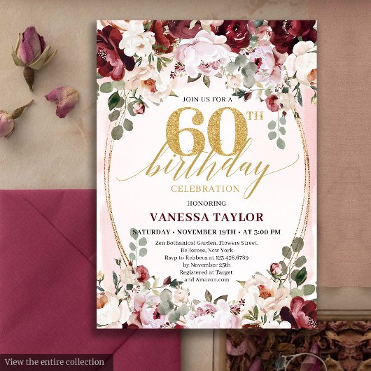 Whimsical Boho Burgundy Floral 60th Birthday Card Einladung