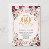 Whimsical Boho Burgundy Floral 60th Birthday Card Einladung (Vorderseite)
