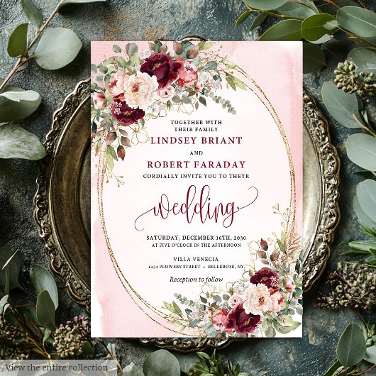 Whimsical Boho Deep Red Gold Floral Wedding Invite Einladung