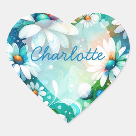 Whimsical Boho Floral Daisy mit Herz Herz-Aufkleber (Vorderseite)