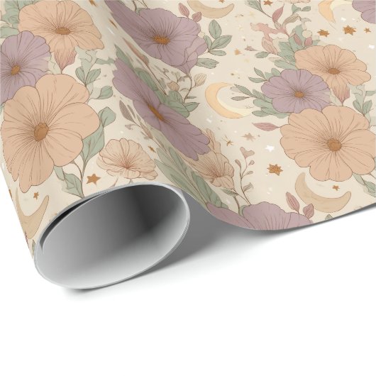 Whimsical Boho Floral & Moon Dreamscape Geschenkpapier (Rolleneckpunkt)
