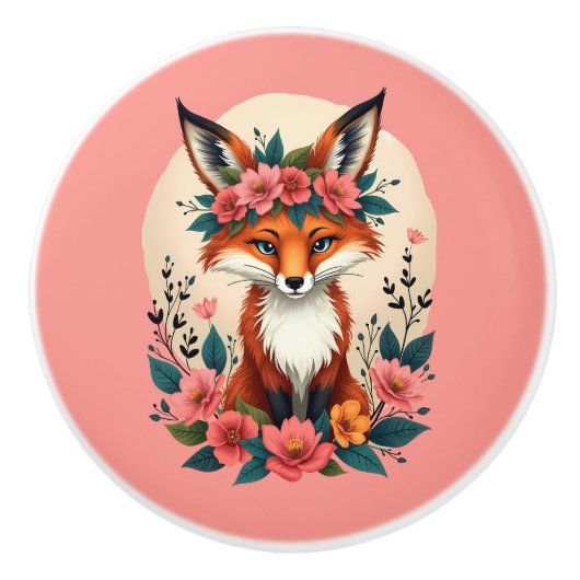 Whimsical Boho Fox mit Blumenwald Keramikknauf (Vorderseite)