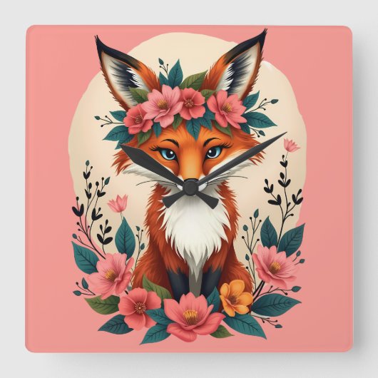 Whimsical Boho Fox mit Blumenwald Quadratische Wanduhr (Vorderseite)
