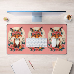 Whimsical Boho Fox mit floralem Kronenwald Pink Schreibtischunterlage