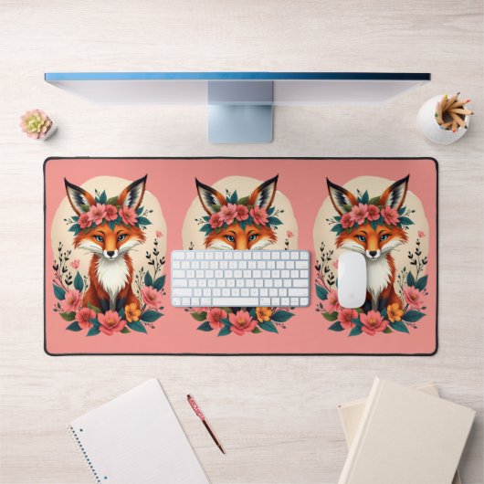 Whimsical Boho Fox mit floralem Kronenwald Pink Schreibtischunterlage (Büro 1)