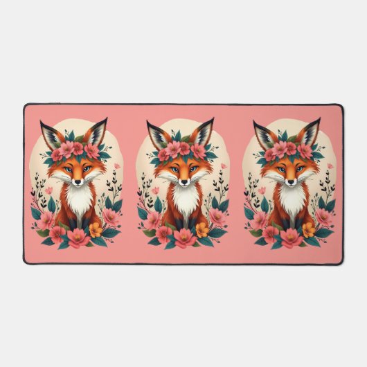 Whimsical Boho Fox mit floralem Kronenwald Pink Schreibtischunterlage (Vorderseite)