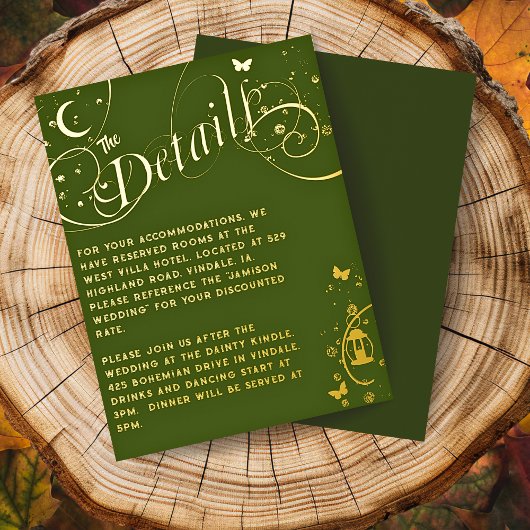 Whimsical Boho Green Gold Foil Wedding Detail Card Folie Einladungspostkarte