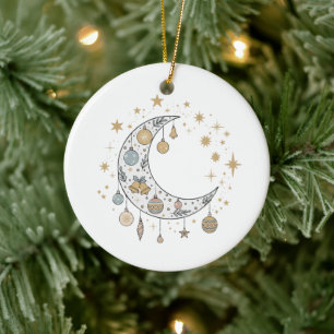 Whimsical Boho Himmliches Weihnachtsmond & Sterne Keramik Ornament