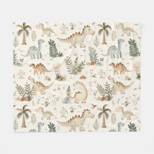 Whimsical Boho Jungle Dinosaur Muster Fleecedecke (Vorderseite (Horizontal))